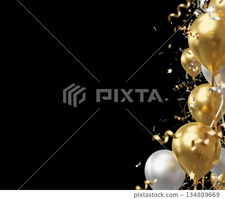 Premium golden and silver balloons with confetti on black background with copy space for luxury celebration 3D render 134889669