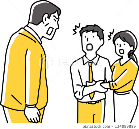 An older man scolds a man and woman flirting An older man scolds a man and woman flirting 134889889