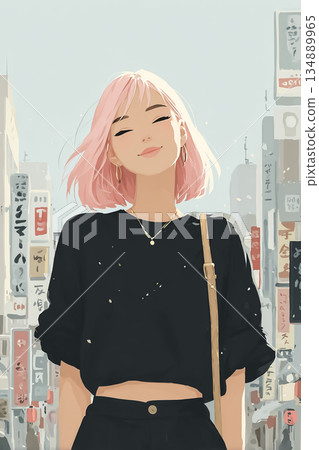 Miyu Series: Illustration of a young woman with pink hair standing in a neon-lit town | A futuristic city with a cool expression 134889965