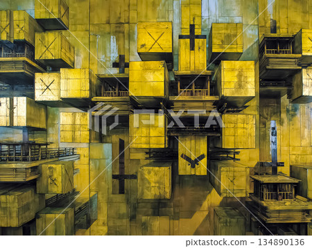 Japanese-style abstract background with overlapping gold blocks | Heavy geometric design 134890136