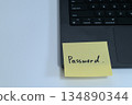 A sticky note with a password written on it next to the laptop keyboard 134890344