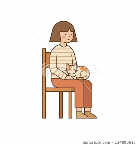 Woman and cat sitting on a chair 134890615
