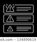 Dark mode warning alert notification panel with white monoline icons. Minimalist caution triangle and message list for dashboard alerts, error messages, and user interface components. Clean 134890619