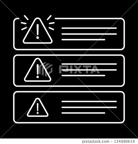 Dark mode warning alert notification panel with white monoline icons. Minimalist caution triangle and message list for dashboard alerts, error messages, and user interface components. Clean 134890619