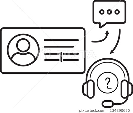 Minimalist outline UI icon of a customer support assistance flow, connecting user profile to chat bubble and helpdesk headset, representing account help, contact support, and troubleshooting for apps, Minimalist outline UI icon of a customer support assistance flow, connecting user profile to chat bubble and helpdesk headset, representing account help, contact support, and troubleshooting for apps, 134890650