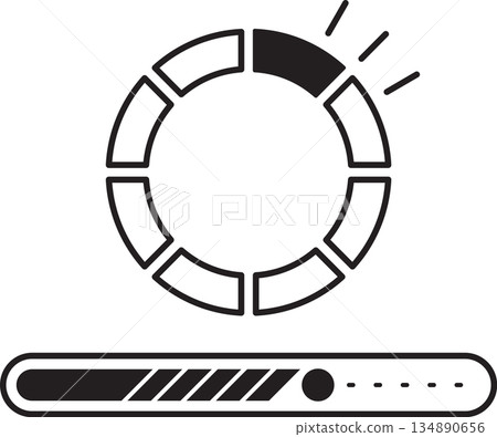 Loading and progress indicators UI, circular segmented loader and progress bar, outline 134890656