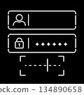 Minimalist dark mode login authentication UI icon with username field, password lock with hidden characters, and OTP verification code entry, representing secure access screens and identity validation 134890658