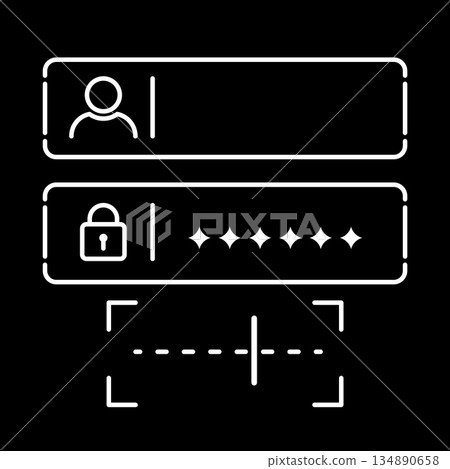 Minimalist dark mode login authentication UI icon with username field, password lock with hidden characters, and OTP verification code entry, representing secure access screens and identity validation Minimalist dark mode login authentication UI icon with username field, password lock with hidden characters, and OTP verification code entry, representing secure access screens and identity validation 134890658