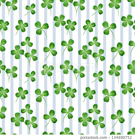 Green clover leaves on blue stripe background seamless pattern element. Hand drawn shamrock leaf pattern watercolor illustration floral decor design 134890752