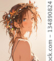 A profile of a girl wearing flowers and butterflies. A fantastic illustration wrapped in soft light. 134890824