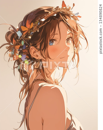 一位身穿花蝶服飾的女孩側影。一幅籠罩在柔和光線中的精美插畫。 一位身穿花蝶服飾的女孩側影。一幅籠罩在柔和光線中的精美插畫。 134890824
