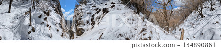 Panorama photo of Wariishi Pass in midwinter in the Aitaka Mountains Panorama photo of Wariishi Pass in midwinter in the Aitaka Mountains 134890861