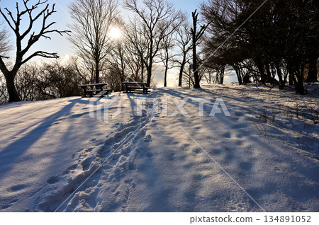 足座山脈黑嶽山頂：沐浴在晨曦中的雪峰 134891052