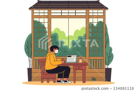 Lifestyle illustration of a person concentrating on work in a room with a view of a lush garden 134891118