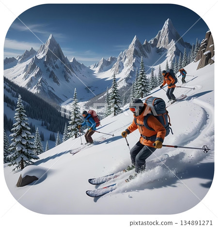 黏土藝術描繪了滑雪者從雪山上滑下的場景 134891271