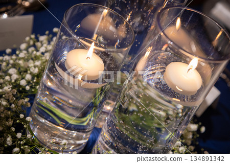 A hotel restaurant decorated with lovely candlelight 134891342