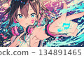 Dynamic painting art of a beautiful anime girl wearing headphones that bursts with music and color 134891465