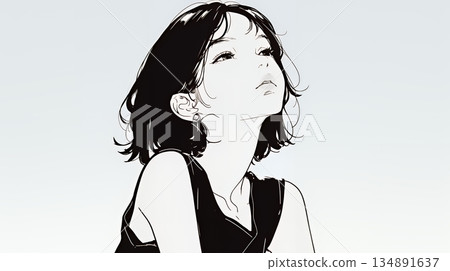 一位年輕女子茫然地凝視著天空（簡單的色彩） 134891637