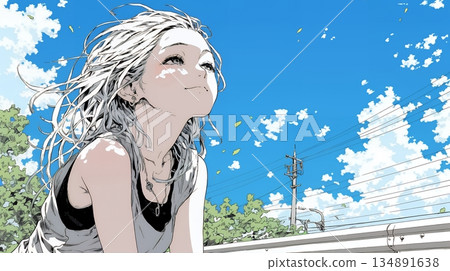 A young woman staring blankly at the sky 134891638