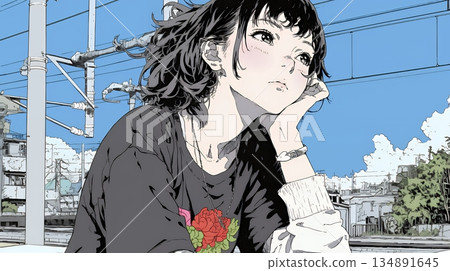 一位年輕女子茫然地望著天空。 134891645