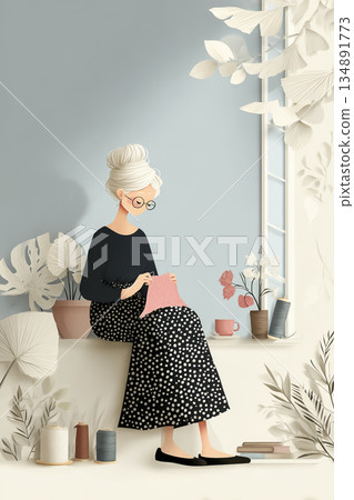 Miyu series: Senior woman knitting by the window (bright interior, paper craft style) 134891773