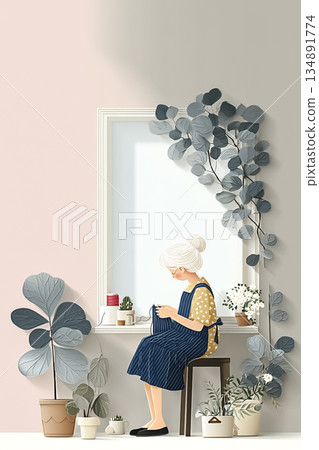 美羽系列：一位老婦人坐在椅子上靜靜地織毛衣（室內植物，內省） 134891774
