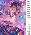 A beautiful anime girl wearing headphones operating DJ equipment. A music illustration with striking neon colors. 134891845