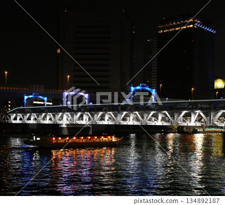 Illuminated railway bridge over the Sumida River Illuminated railway bridge over the Sumida River 134892187