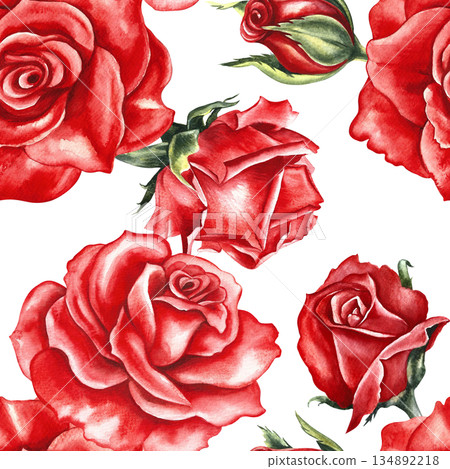 Seamless pattern with red roses. Hand-drawn watercolor illustration. Perfect for wedding and Valentine's Day decor. Also suitable for textiles, wrapping paper, wallpaper, and packaging, and more. Seamless pattern with red roses. Hand-drawn watercolor illustration. Perfect for wedding and Valentine's Day decor. Also suitable for textiles, wrapping paper, wallpaper, and packaging, and more. 134892218
