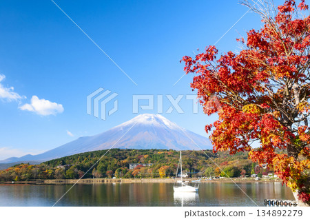 從山梨縣山中湖村眺望富士山和秋葉 134892279