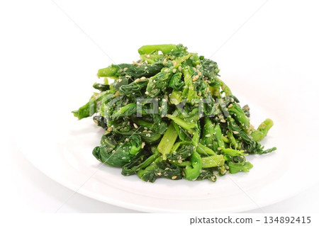 Rape blossoms with sesame dressing, spring dish, bright background 134892415