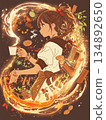 A girl surrounded by the aroma of coffee. A fantastic illustration of spices and flames. 134892650