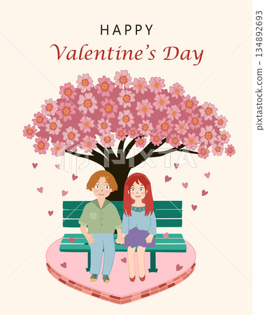 valentines day couple under cherry blossom heart tree in romantic garden flat vector illustration 134892693