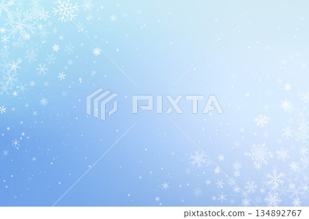 Winter background with white pattern of falling snowflakes. Vector light blue holiday sky with frosty crystals and stars. Christmas decorative border. Winter background with white pattern of falling snowflakes. Vector light blue holiday sky with frosty crystals and stars. Christmas decorative border. 134892767