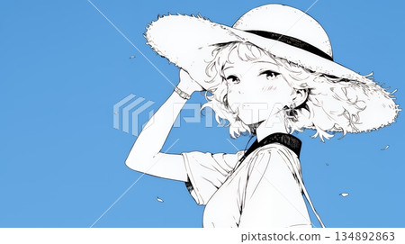 A young woman holds her hat in place, as it is about to be blown away by the spring breeze (simple colors) 134892863