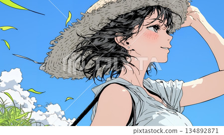 一位年輕女子用手按住即將被春風吹走的帽子。 134892871