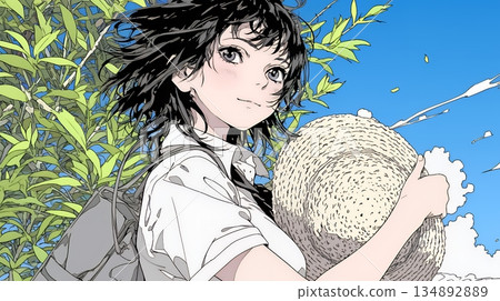 A young woman holds her hat, which is about to be blown away by the spring breeze, with her hand 134892889