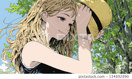 一位年輕女子用手按住即將被春風吹走的帽子。 134892890