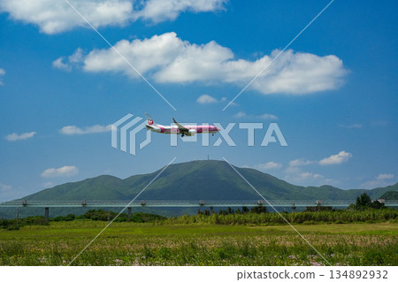 A specially painted JAL plane landing at Ishigaki Airport 134892932