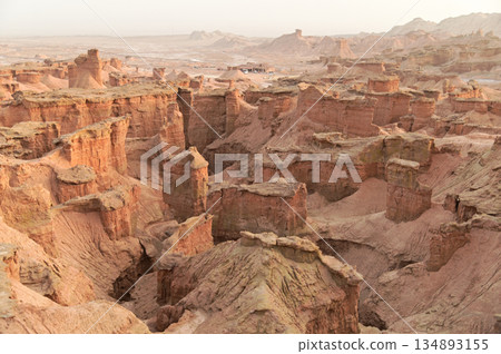 Kizil Red Stone Forest Scenic Area in Xinjiang , China is the strangely shaped red rock forests were carved by wind and sand over millions of years, giving them the appearance of abandoned cities. 134893155