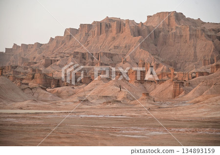 Kizil Red Stone Forest Scenic Area in Xinjiang , China is the strangely shaped red rock forests were carved by wind and sand over millions of years, giving them the appearance of abandoned cities. 134893159