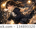 A girl running down a snowy night road - Winter warmth wrapped in a scarf illustration 134893320