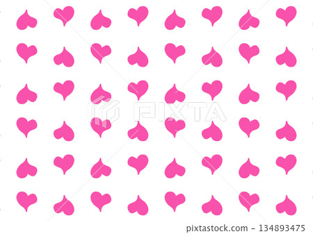 A vibrant flat lay of numerous small pink hearts arranged in rows on a white background with a playful and romantic mood. 134893475