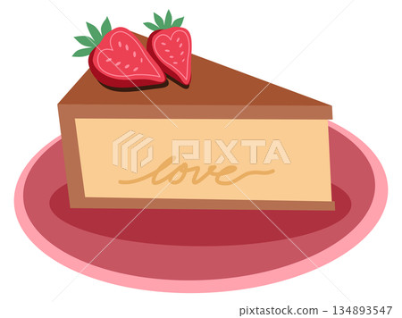 Slice of Cheesecake with Heart Shaped Strawberries and Love Text Illustration Slice of Cheesecake with Heart Shaped Strawberries and Love Text Illustration 134893547