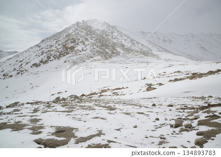 Changla Pass, one of the highest motorable roads in the world, at 5,275 meters above sea level, travels between Leh Ladakh and Pangong Lake. Located at Leh in India. 134893783