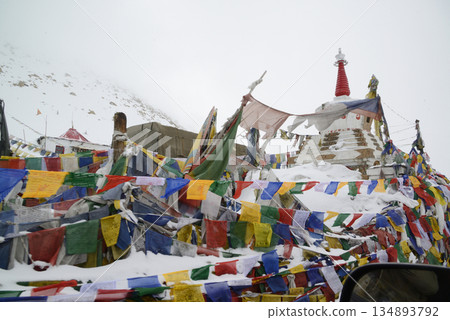Tibetan-style pagodas along the roadside at Changla Pass, one of the highest motorable roads in the world, at 5,275 meters above sea level, travels between Leh Ladakh and Pangong Lake. Located at Leh. 134893792