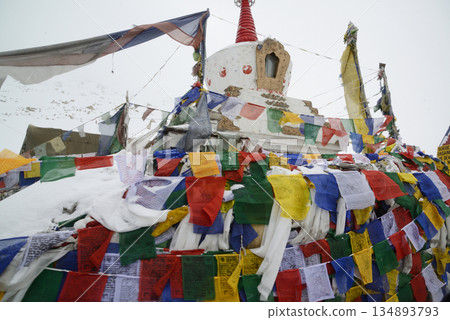 Tibetan-style pagodas along the roadside at Changla Pass, one of the highest motorable roads in the world, at 5,275 meters above sea level, travels between Leh Ladakh and Pangong Lake. Located at Leh. Tibetan-style pagodas along the roadside at Changla Pass, one of the highest motorable roads in the world, at 5,275 meters above sea level, travels between Leh Ladakh and Pangong Lake. Located at Leh. 134893793