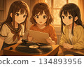 Three girls listening to records - A heartwarming illustration of enjoying analog music 134893956
