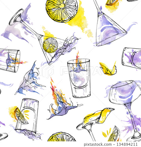 Seamless pattern combining sambuca flames, citrus slices, and lavender hues cocktails and shots. Violet liqueur, transparent spirits. Watercolor and ink hand drawn for party goods or kitchen decor. Seamless pattern combining sambuca flames, citrus slices, and lavender hues cocktails and shots. Violet liqueur, transparent spirits. Watercolor and ink hand drawn for party goods or kitchen decor. 134894211