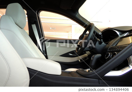 Black and white combination of leather upholstery for car seats   134894406